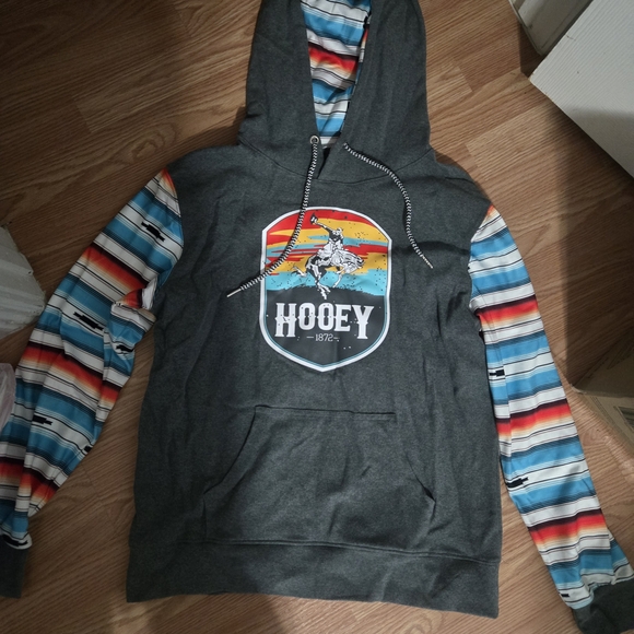 Hooey Sweaters - Hooey Charcoal Hoodie with Vibrant Striped Sleeves Large Womans